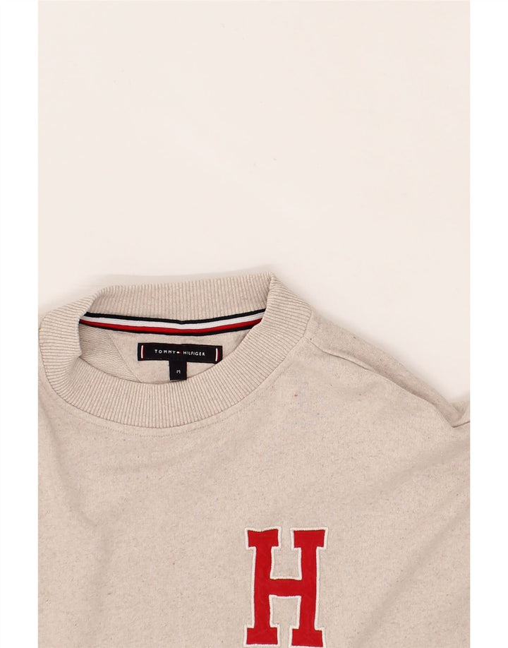 TOMMY HILFIGER Mens Graphic Sweatshirt Jumper Medium Beige Cotton Vintage Tommy Hilfiger and Second-Hand Tommy Hilfiger from Messina Hembry 