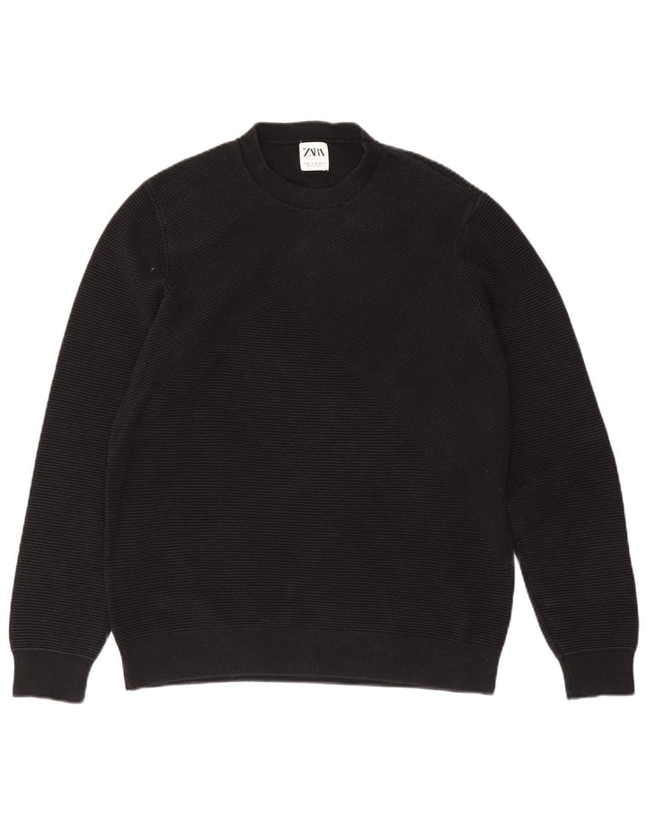 Zara Mens Crew Neck Jumper Sweater Medium Black Cotton