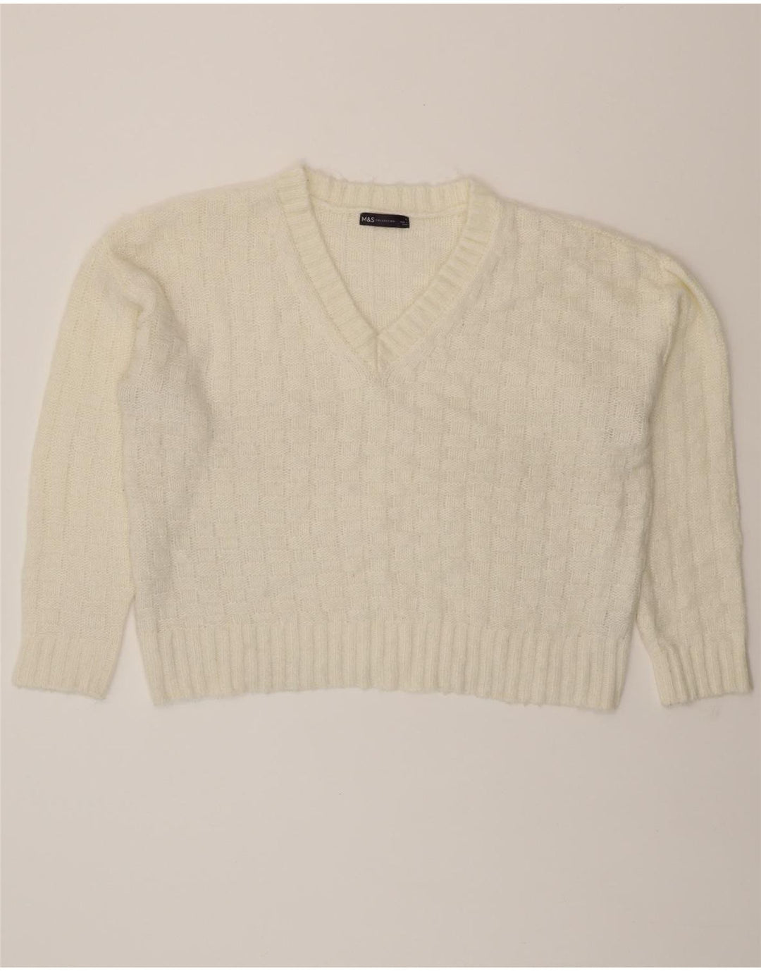 MARKS & SPENCER Womens Oversized V-Neck Jumper Sweater UK 16 Large White Vintage Marks & Spencer and Second-Hand Marks & Spencer from Messina Hembry 