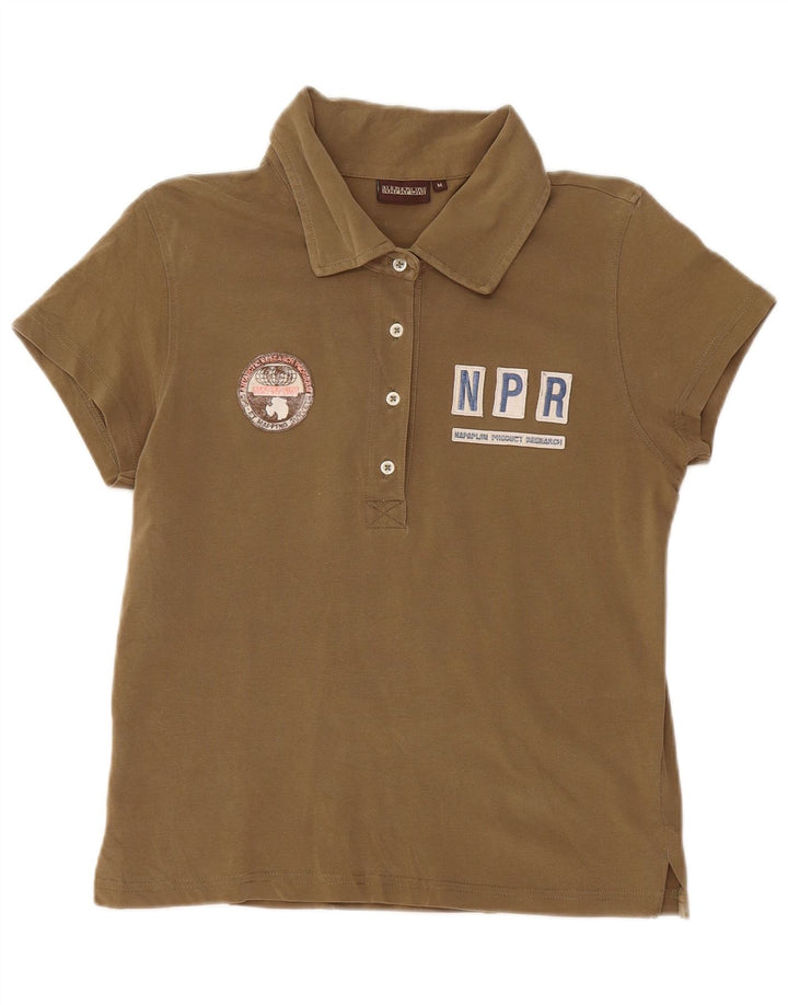 NAPAPIJRI Womens Graphic Polo Shirt UK 12 Medium Khaki