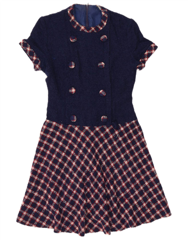 VINTAGE Womens A-Line Dress UK 12 Medium Navy Blue Check