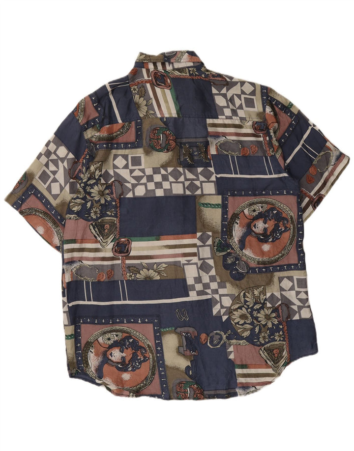 Vintage Mens Abstract Pattern Short Sleeve Shirt Medium Navy Blue Silk