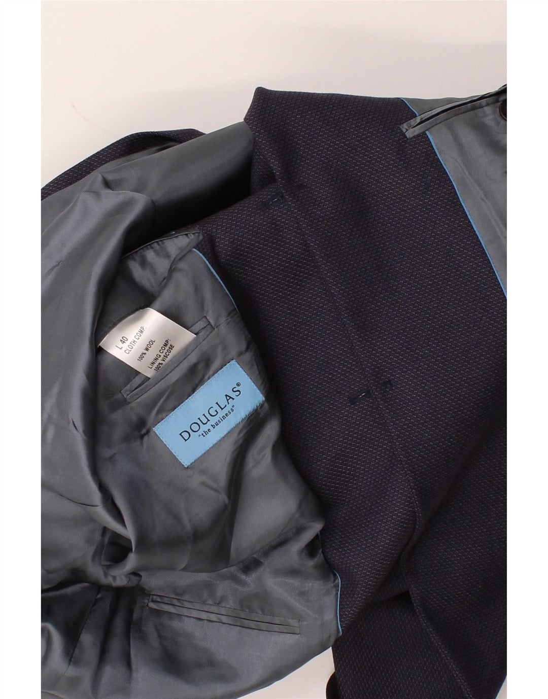 DOUGLAS Mens 3 Button Blazer Jacket UK 40 Large Navy Blue Wool Vintage Douglas and Second-Hand Douglas from Messina Hembry 