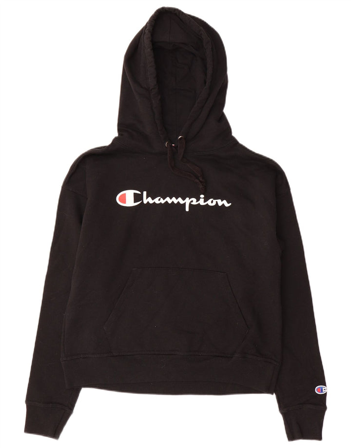 CHAMPION Womens Oversized Crop Graphic Hoodie Jumper UK 6 XS Black Cotton