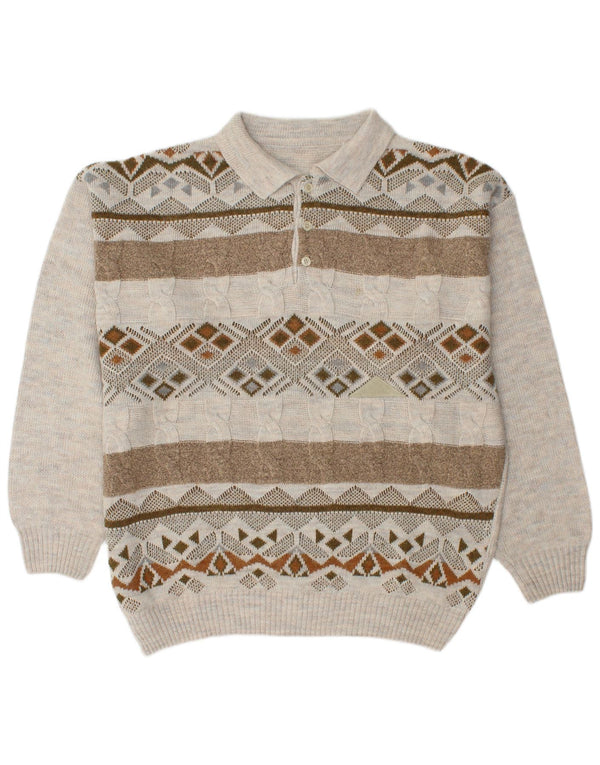 Vintage Mens Polo Neck Jumper Sweater IT 52 Large Grey Fair Isle