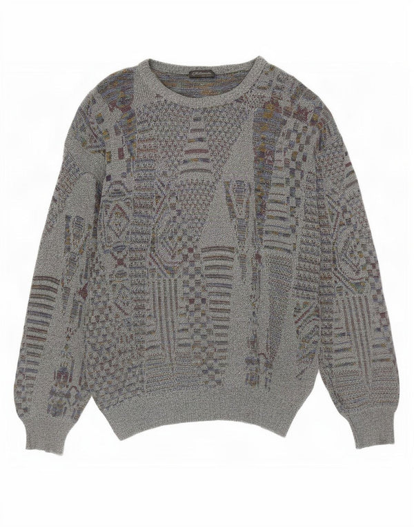 Vintage Mens Crew Neck Jumper Sweater Small Grey Geometric