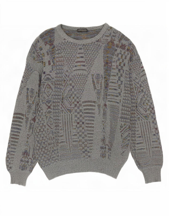 Vintage Mens Crew Neck Jumper Sweater Small Grey Geometric
