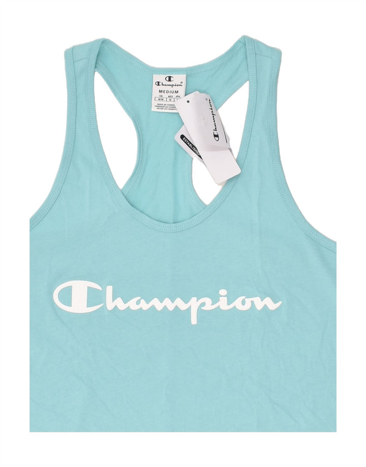 CHAMPION Womens Graphic Vest Top UK 12 Medium Blue Cotton | Vintage Champion | Thrift | Second-Hand Champion | Used Clothing | Messina Hembry 