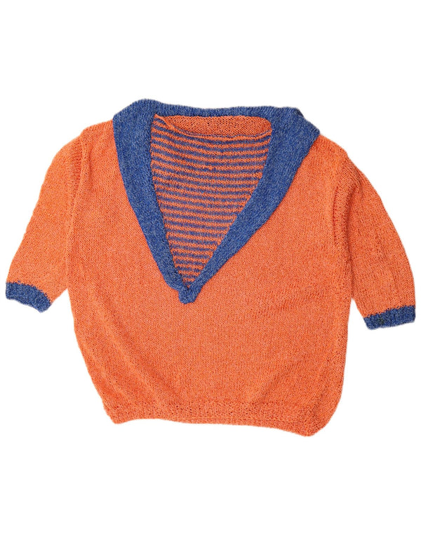 Vintage Womens 3/4 Sleeve Polo Neck Jumper Sweater UK 22 3XL Orange Striped