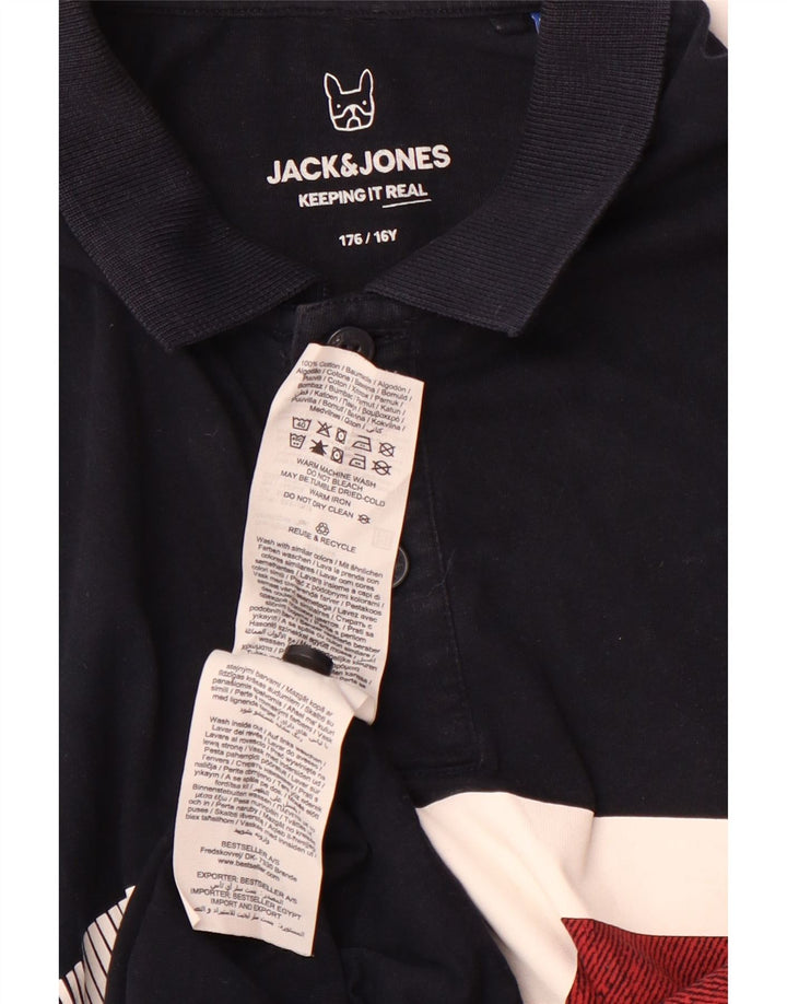 JACK & JONES Boys Polo Shirt 15-16 Years Navy Blue Colourblock Cotton