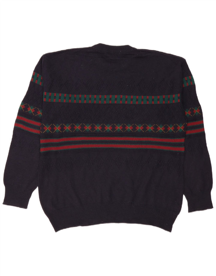 VINTAGE Mens Turtle Neck Jumper Sweater IT 50 Large Navy Blue Geometric