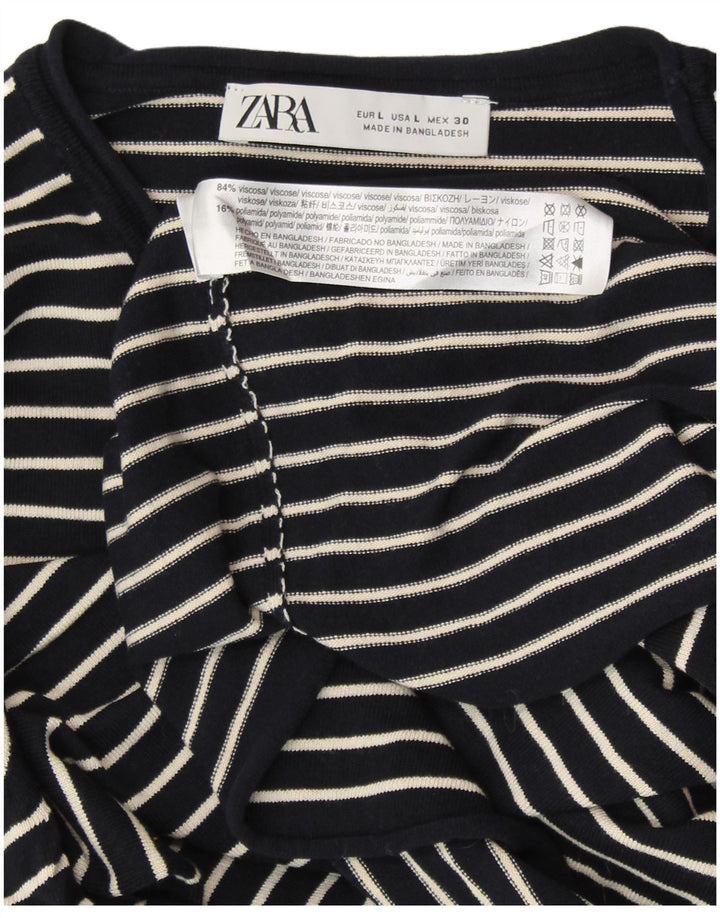 ZARA Womens Crew Neck Jumper Sweater UK 14 Large Navy Blue Striped Viscose