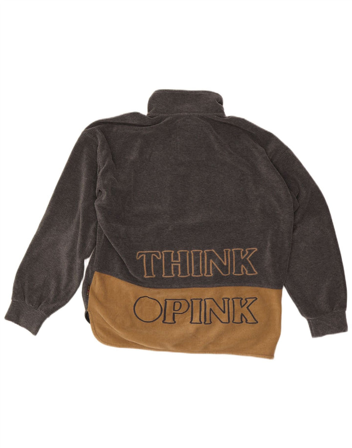 Think Pink Mens Graphic Zip Neck Fleece Jumper Medium Grey Colourblock