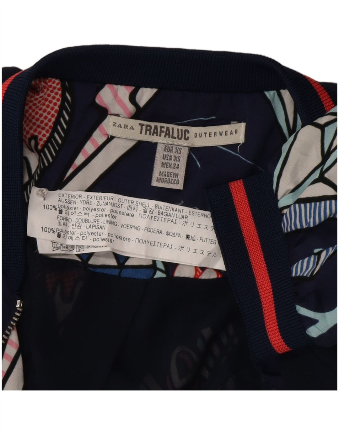 Zara Womens Abstract Pattern Loose Fit Bomber Jacket UK 6 XS Navy Blue