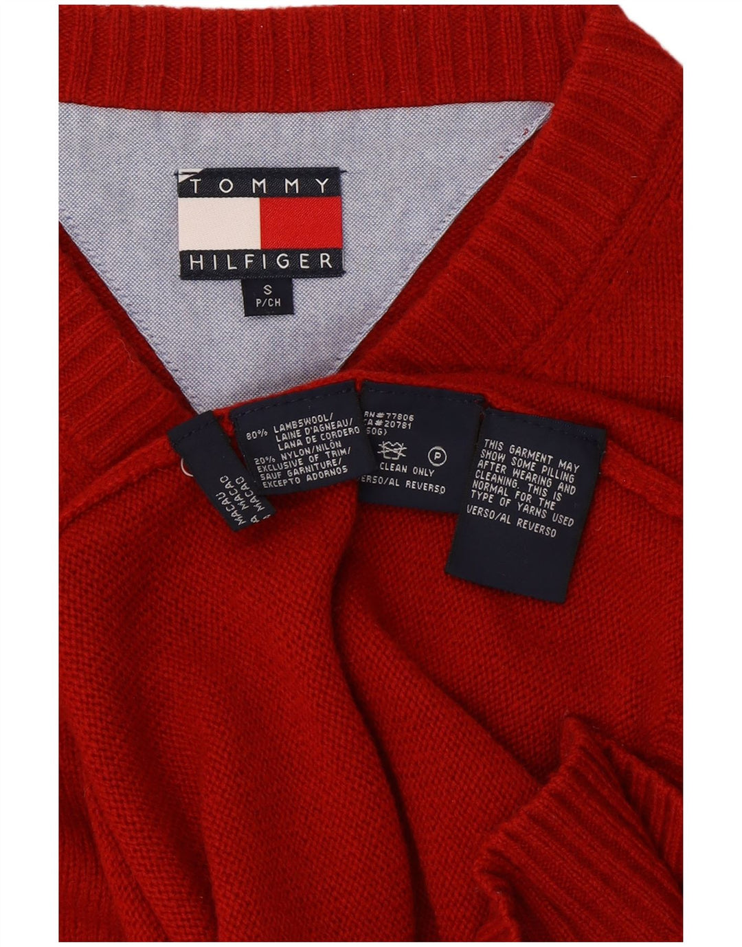 TOMMY HILFIGER Mens V-Neck Jumper Sweater Small Red Lambswool
