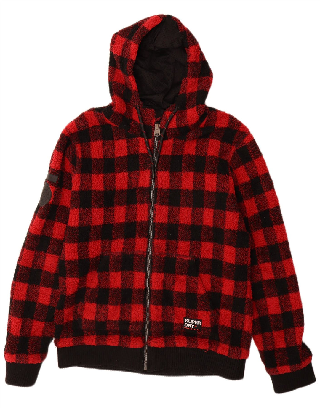 Superdry Mens Hooded Fleece Jacket UK 44 2XL Red Gingham Polyester