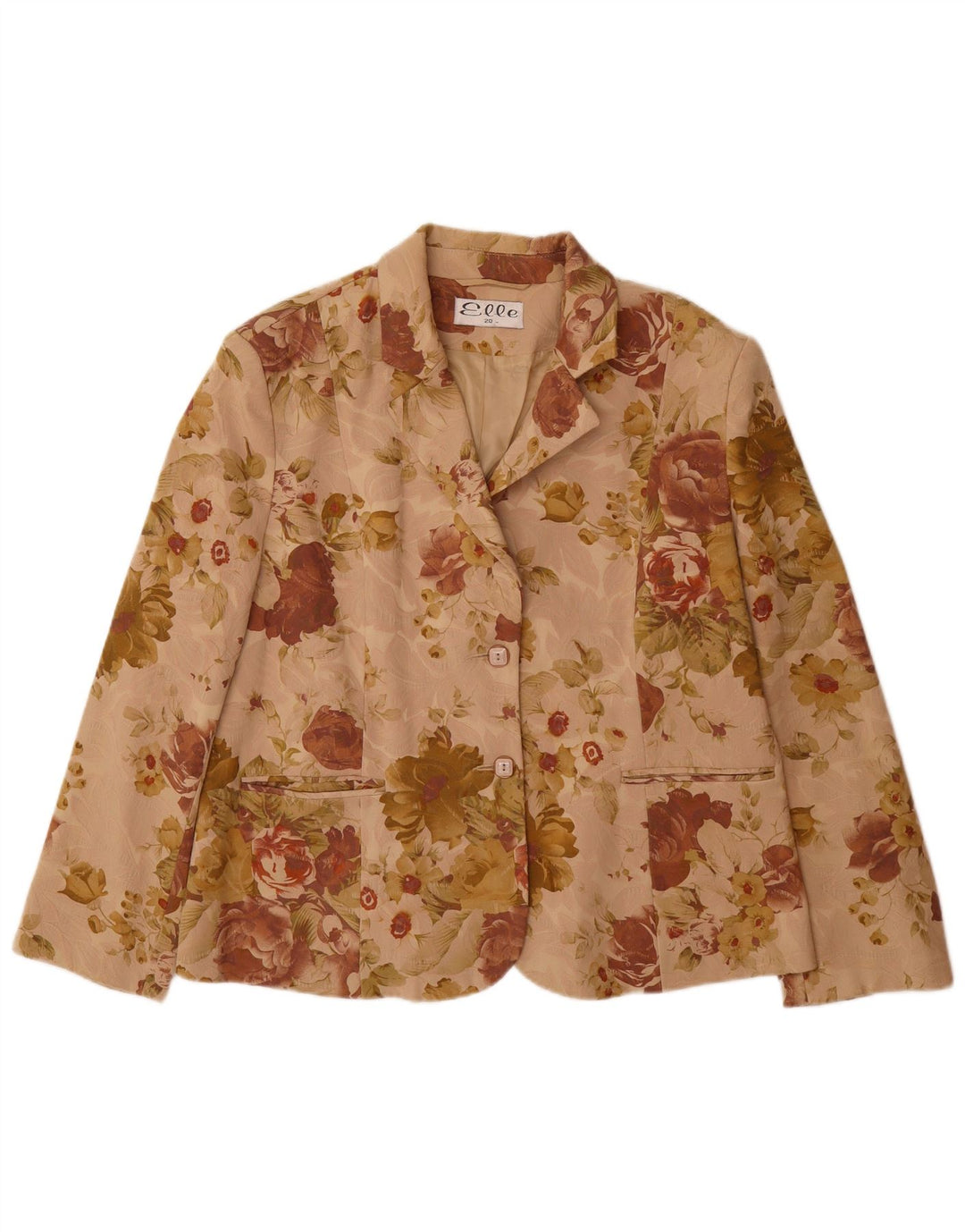 ELLE Womens 2 Button Blazer Jacket UK 20 2XL Beige Floral Cotton