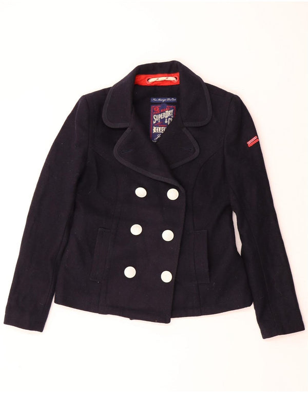 SUPERDRY Womens Pea Coat UK 14 Medium Navy Blue Wool