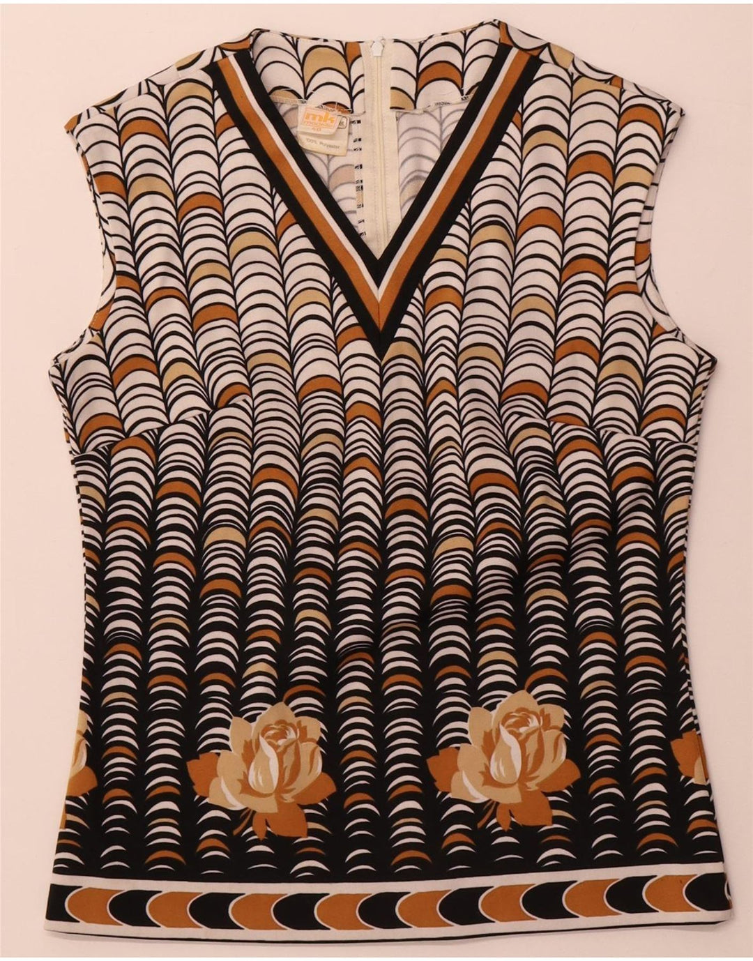 Vintage Womens Sleeveless Blouse Top IT 40 Small Beige Geometric Polyester