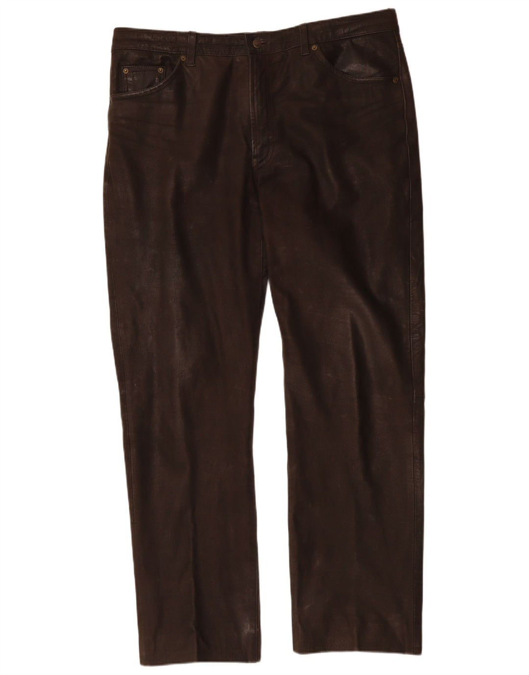 CHEVIREX Mens Straight Leather Trousers W40 L33 Brown Leather