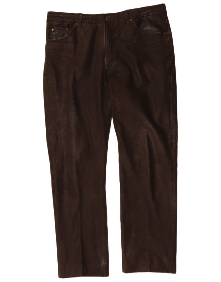 CHEVIREX Mens Straight Leather Trousers W40 L33 Brown Leather