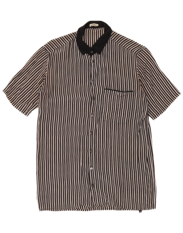 MESSORI Mens Short Sleeve Shirt Small Black Striped Silk