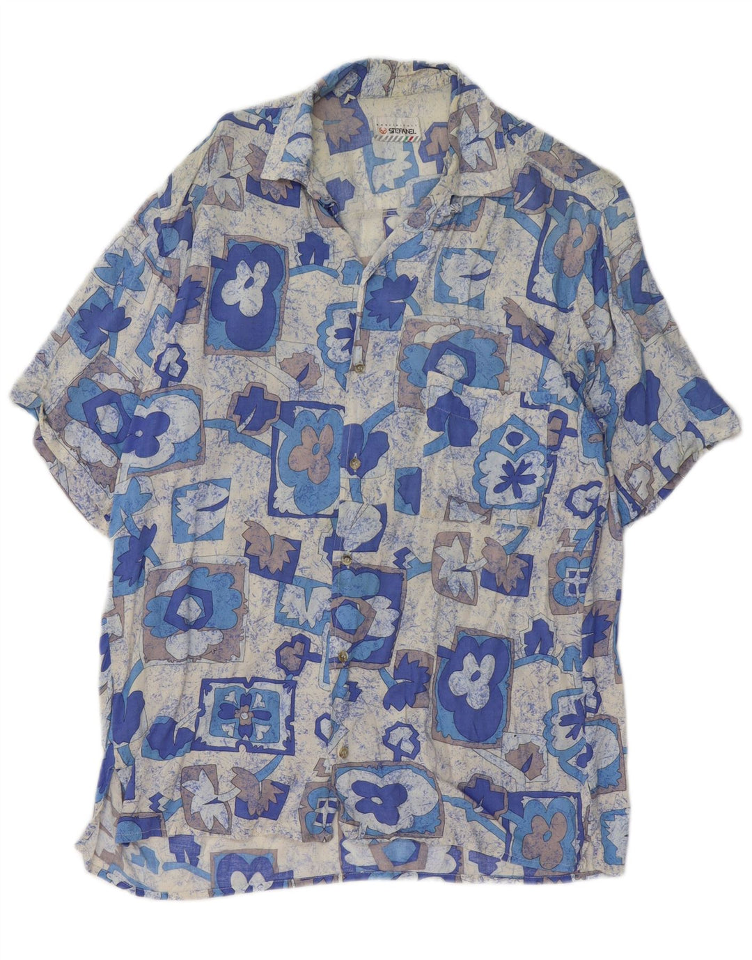 STEFANEL Mens Short Sleeve Shirt Medium Blue Patchwork Viscose