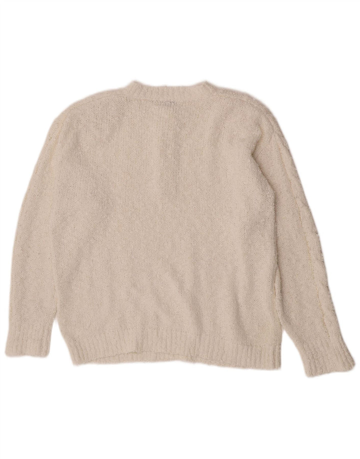 Vintage Womens Button Neck Jumper Sweater UK 14 Medium White Acrylic