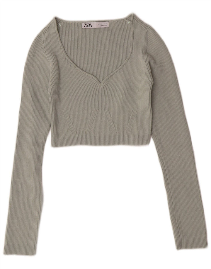 ZARA Womens Crop V-Neck Jumper Sweater UK 8 Small Green Polyester
