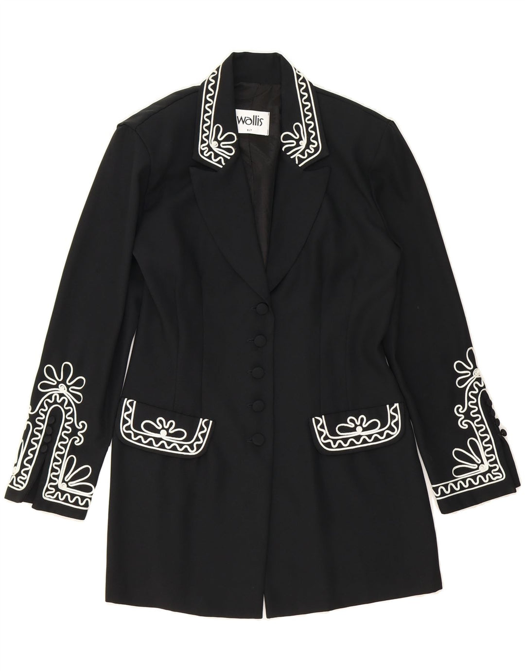 WALLIS Womens Longline 5 Button Blazer Jacket UK 12 Medium  Black Vintage Wallis and Second-Hand Wallis from Messina Hembry 
