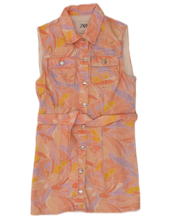 Zara Womens Sleeveless Denim Shirt Dress UK 14 Large Pink Floral