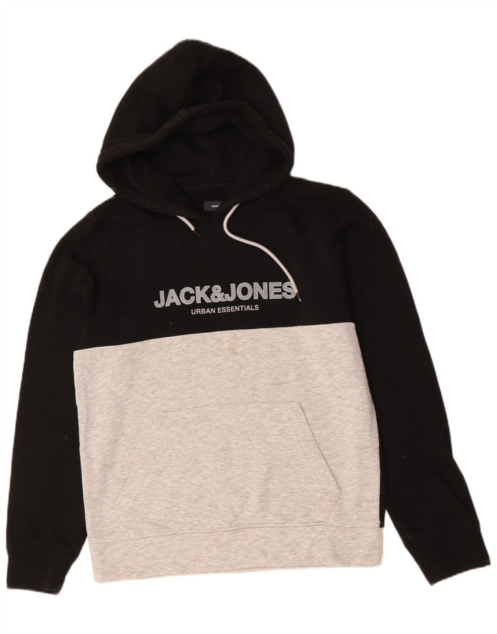 JACK & JONES Mens Graphic Hoodie Jumper Small Black Colourblock Cotton