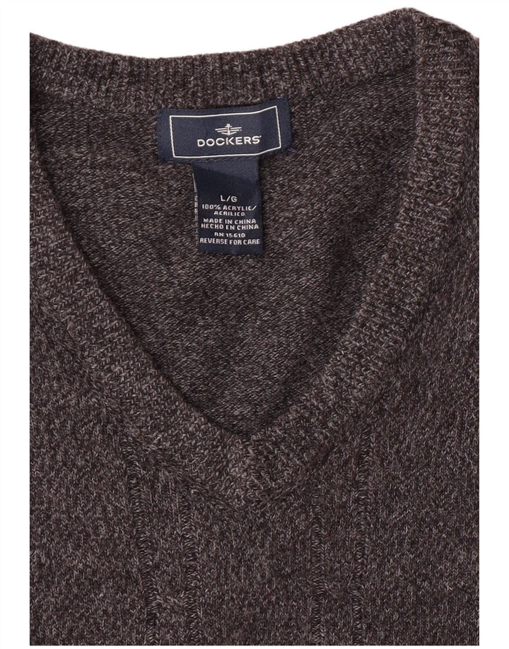 DOCKERS Mens V-Neck Jumper Sweater Large Grey Acrylic