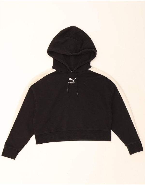 PUMA Womens Crop Hoodie Jumper UK 14 Medium Black Colourblock