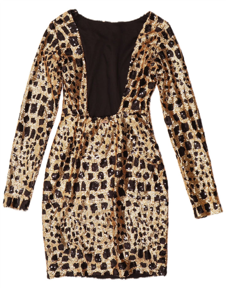 GUESS Womens Long Sleeve Sequin Bodycon Dress UK 6 XS Gold Geometric