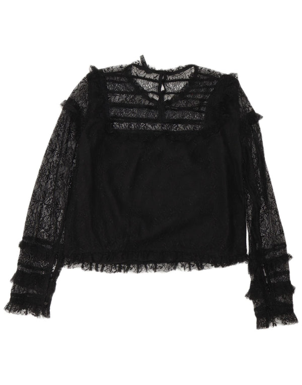 Zara Womens Trafaluc Crop Long Sleeve Blouse Top UK 12 Medium Black Floral