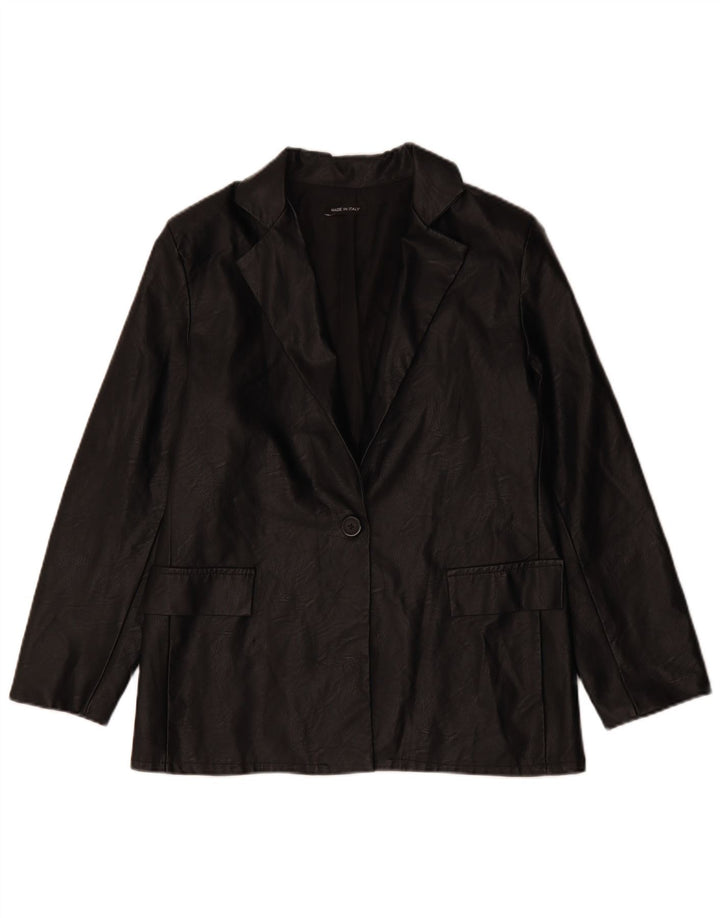 VINTAGE Womens 1 Button Faux Leather Blazer Jacket UK 12 Medium Black