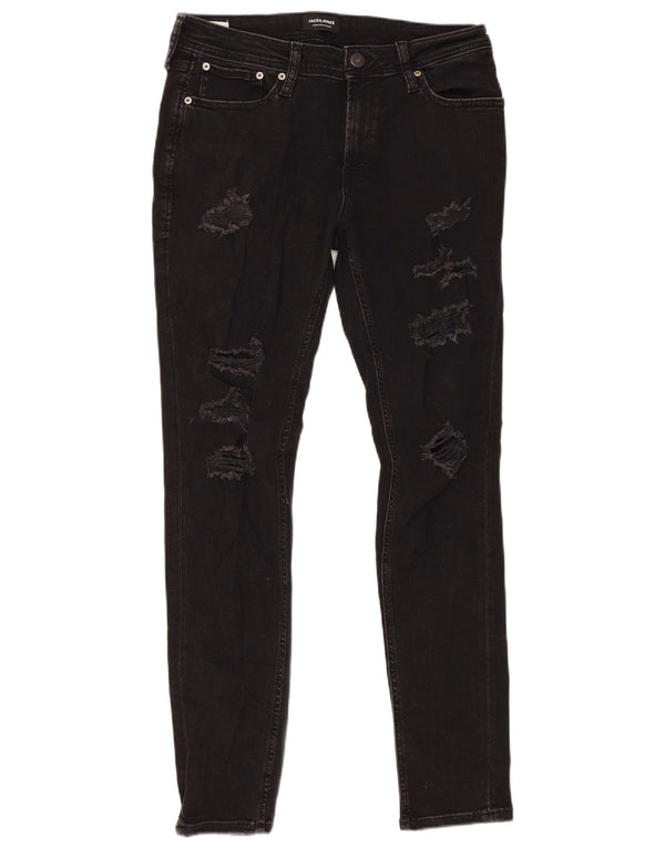 Jack & Jones Mens Distressed Skinny Jeans W32 L32 Black Cotton