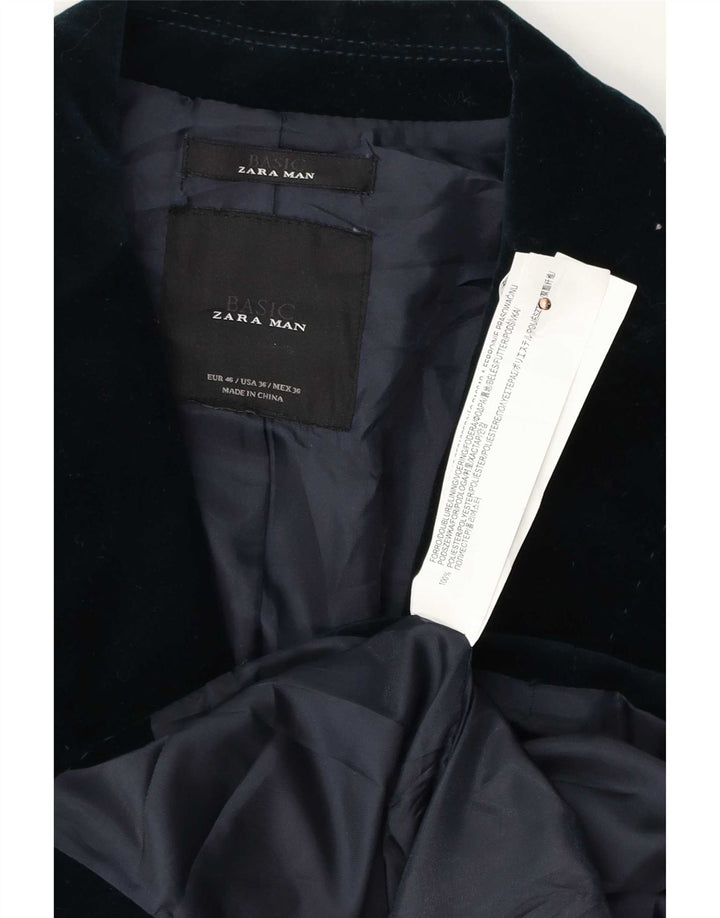 Zara Mens 2 Button Velour Blazer Jacket EU 46 Small Navy Blue Polyester