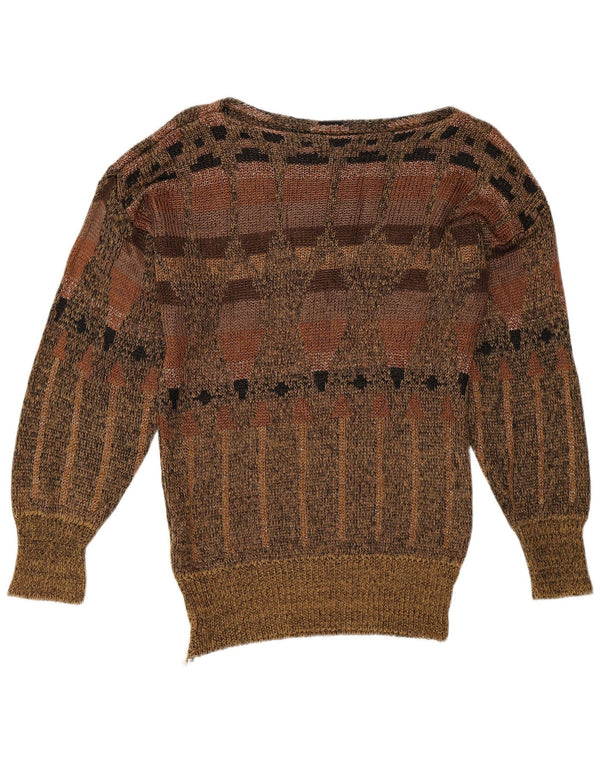 Vintage Womens Boat Neck Jumper Sweater EU 36 Small Brown Geometric Retro
