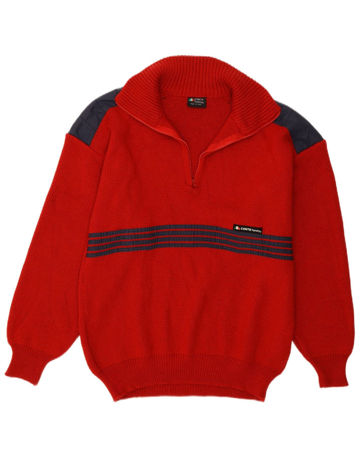 Vintage Mens Zip Neck Jumper Sweater Medium Red Colourblock