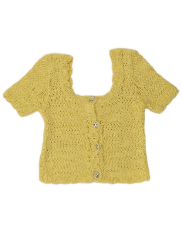 Zara Womens Crop Short Sleeve Cardigan Sweater UK 10 Small Yellow Cotton