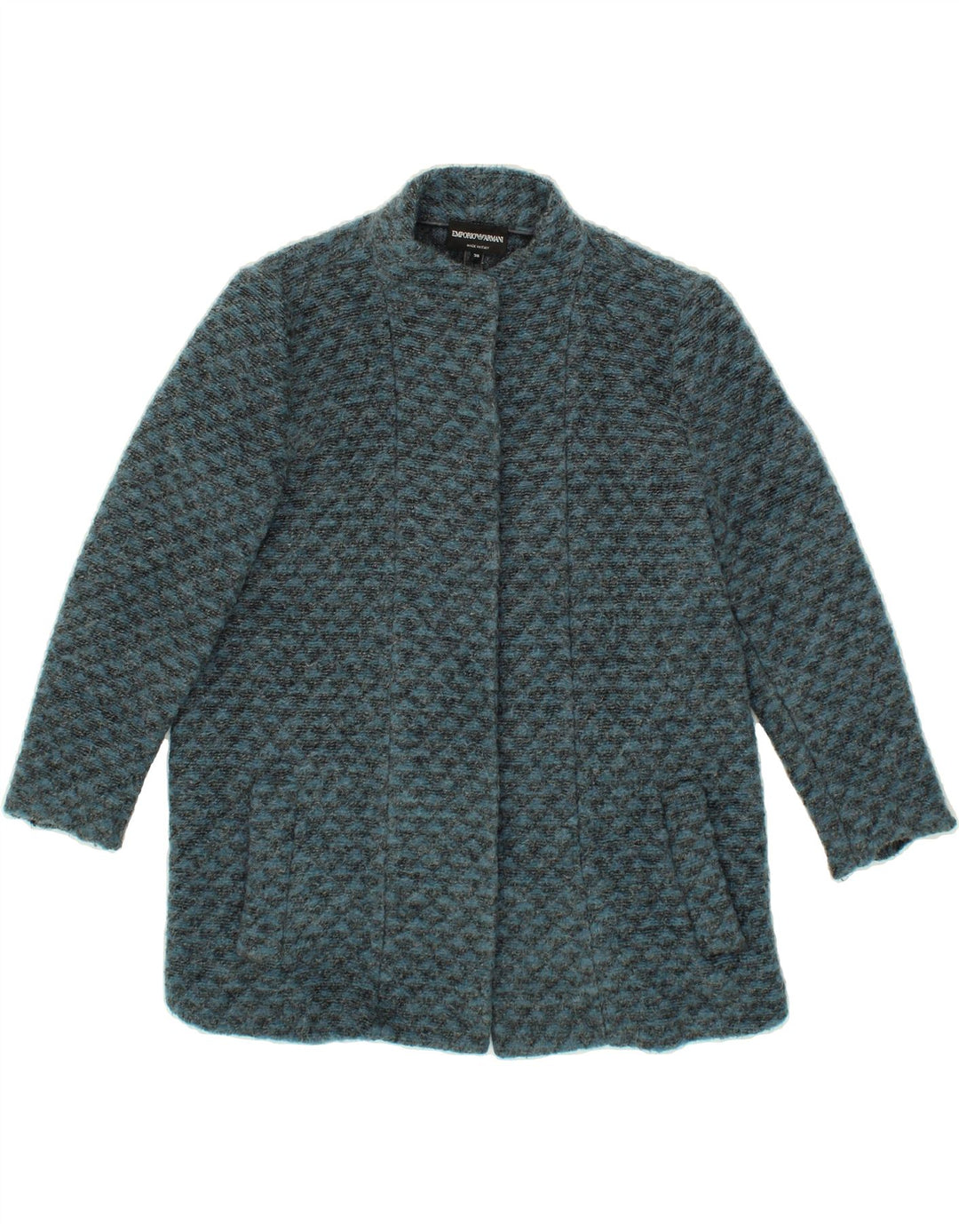 EMPORIO ARMANI Womens Overcoat IT 38 XS Blue Geometric Polyester Vintage Emporio Armani and Second-Hand Emporio Armani from Messina Hembry 
