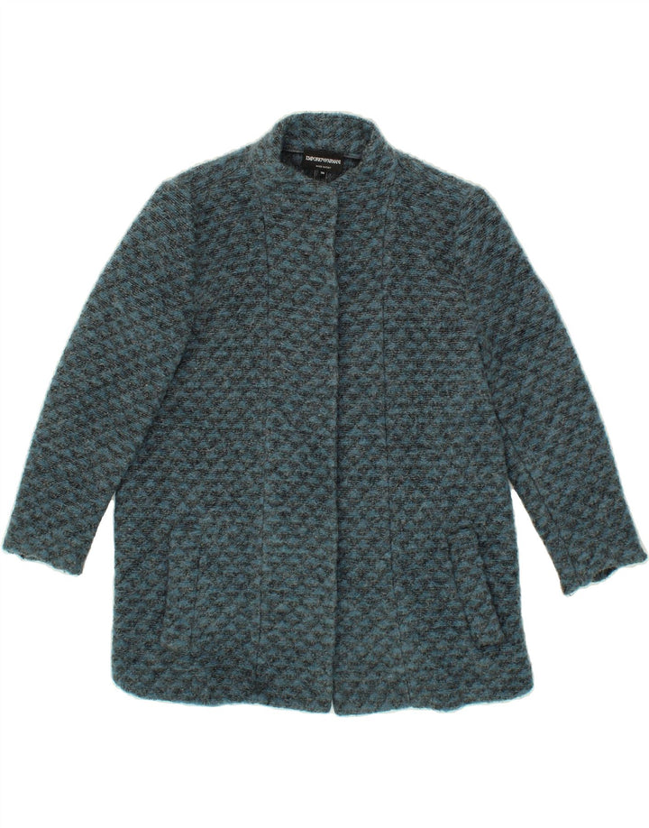 EMPORIO ARMANI Womens Overcoat IT 38 XS Blue Geometric Polyester Vintage Emporio Armani and Second-Hand Emporio Armani from Messina Hembry 