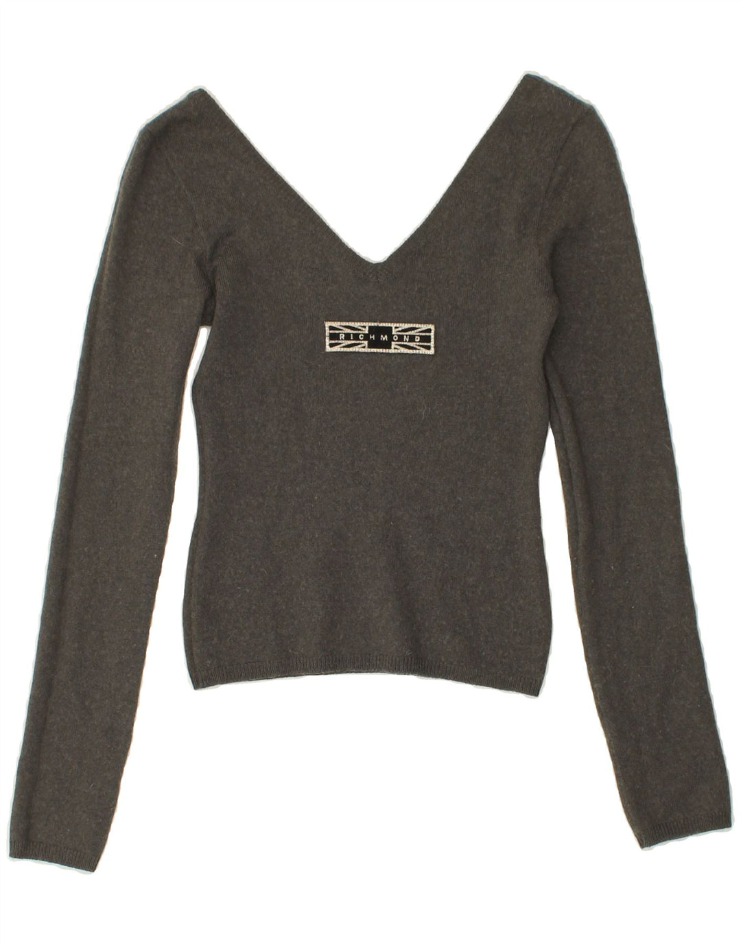 RICHMOND Womens Crop Graphic V-Neck Jumper Sweater IT 42 Medium Grey Vintage Richmond and Second-Hand Richmond from Messina Hembry 