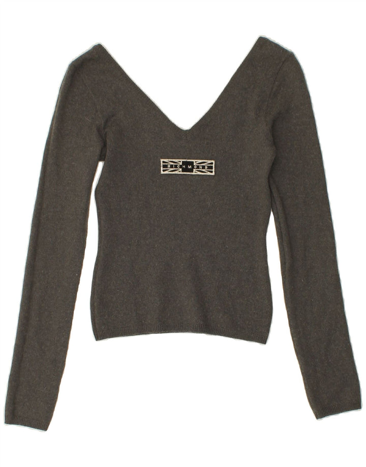 RICHMOND Womens Crop Graphic V-Neck Jumper Sweater IT 42 Medium Grey Vintage Richmond and Second-Hand Richmond from Messina Hembry 