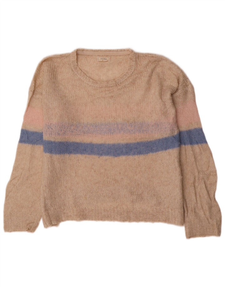 FAT FACE Womens Boat Neck Jumper Sweater UK 12 Medium Beige Striped