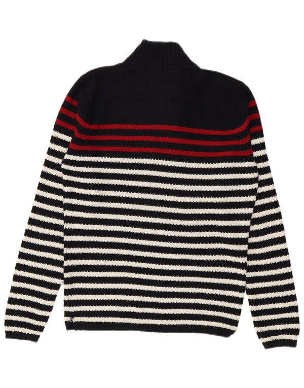 Zara Mens Zip Neck Jumper Sweater Medium Navy Blue Striped Cotton