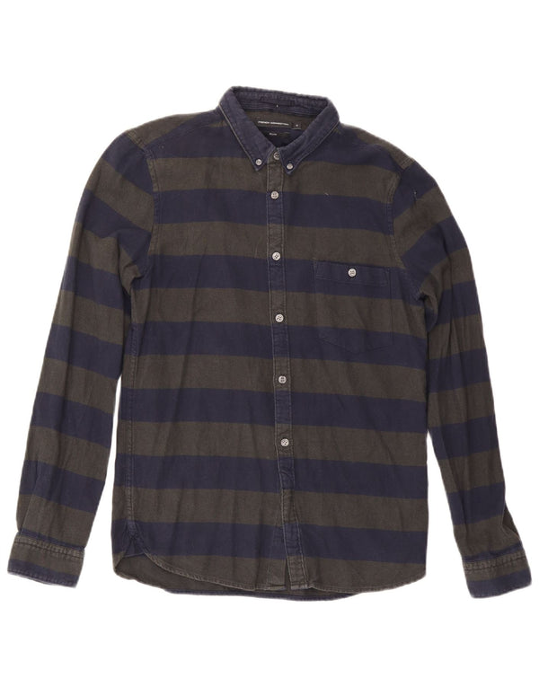 French Connection Mens Slim Flannel Shirt Small Navy Blue Striped Cotton