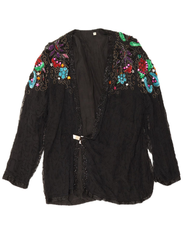 Vintage Womens Evening Blazer Jacket UK 16 Large Black Floral Silk